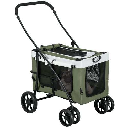 PawHut 2 in 1 Hundewagen Hundebuggy klappbar für Hunde & Katzen bis 10 kg Katzenbuggy mit Kissen Netzfenstern Türen Aufbewahrungskorb Katzenwagen Buggy Dunkelgrün