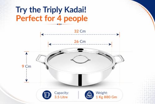 Image of Bhalaria Triply Stainless Steel Kadhai with Lid & Handle 26cm 3.5 Litre |Induction Base Heavy Gauge 3 Layer Body | Deep Fry Pan Wok for Sabzi & Curry|Food Grade Steel |Gas Compatible | Dishwasher Safe