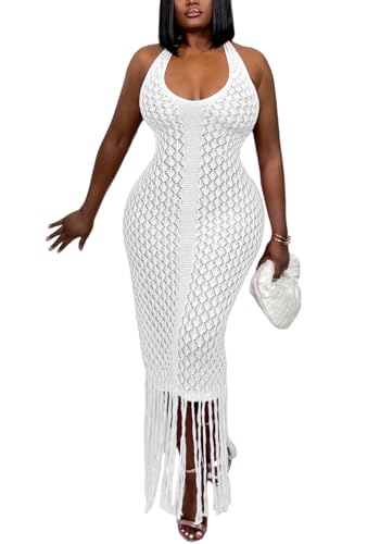 Image of Tcremisa Womens Crochet Knit Maxi Dress Halter Backless Fringe Long Bodycon Dresses Summer Vacation Beach Cover Ups White