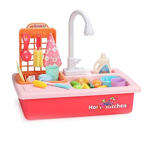 Image of Play Sink with Running Water, Kids Play Kitchen Toy Sink Electronic Dishwasher, Pretend Role Play Kitchen Toys Set with Upgraded Working Faucet and Dishes Playset