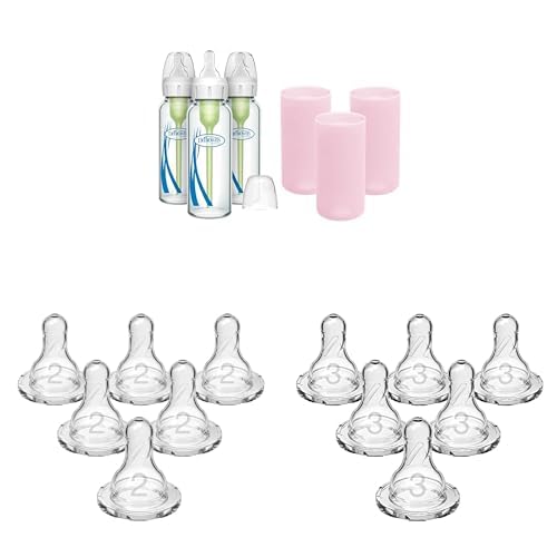Dr. Brown's Anti-Colic Options+ Narrow Glass Baby Bottles 8oz and Level 1 Nipple, 3-Pack 0m+ and Pink Silicone Sleeves and Level 2 Medium Flow, 6 Pack 3m+ and Level 3 Medium-Fast Flow, 6 Pack 6m+