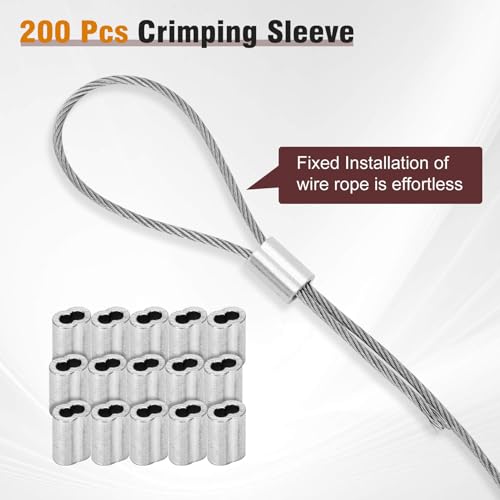 1/16 Wire Rope, 1/16 Stainless Steel Cable for Trellis, 1/16 Aircraft Cable with 200Pcs Crimping Sleeves, Used for Hanging, Decorations,7x7 Strand Core & 368 lbs Breaking Strength, 304 Material