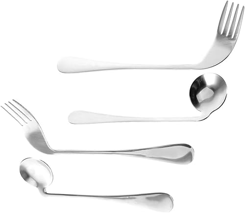 Miniatura 8 de Juego de utensilios adaptativos, cuchara y tenedor curvados de acero inoxidable para ancianos, adultos con temblores, cómodo diseño de mango en