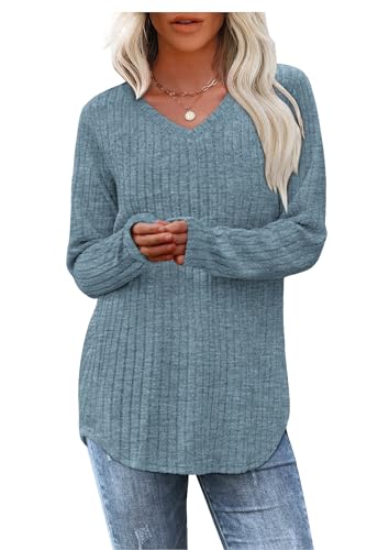 Image of OFEEFAN Women's V Neck Long Sleeve Shirts Casual Fall Winter Tunic Tops Lightweight Sweaters