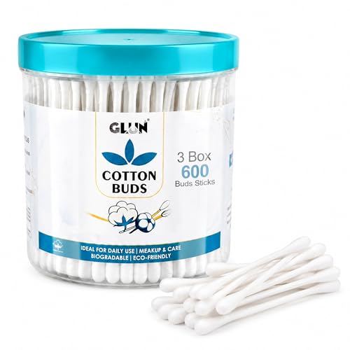 Image of GLUN Safety Cotton Ear Cleaning Buds, Pack of 3 (600 Buds), Large Tips for Cleaning Earwax, Makeup Remover for Newborn Babies, 100% Organic Cotton