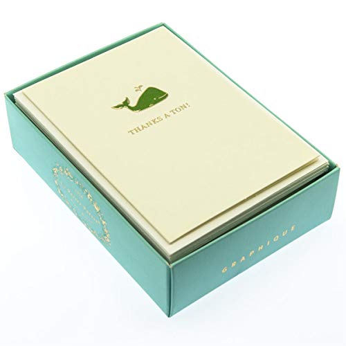Image of Graphique Whale La Petite Presse Boxed Notecards - 10 Elegant Embossed Green Whale Thanks a Ton! Thank You Cards with Matching Envelopes, 3.25 inch x 4.75 inch