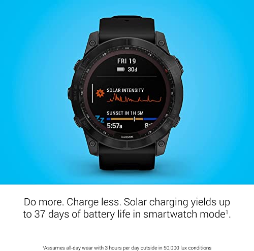 Fenix 7X Sapphire Solar Edition Smart Watch, Large 51 Mm Adventure Smartwatch, Rugged Outdoor Watch With Gps, Touchscreen, Carbon Gray Dlc Titanium With Black Band, With A Lumintrail Wall Plug #TOP2