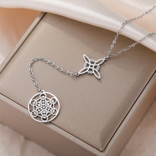 TEAMER Metatron Cube Witch Knot Pendant Necklace Double Amulet Protection Stainless Steel Necklaces Vintage Witchcraft Jewelry For Women3
