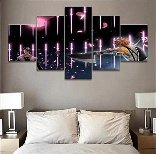 TONATO Anime Bleichmittel Byakuya Kuchiki Ichigo Kurosaki Wanddekoration Wohnzimmer Leinwand Bildraum Poster 5 Wandbilder Schlafzimmer Dekor mit Rahmen,L Cover