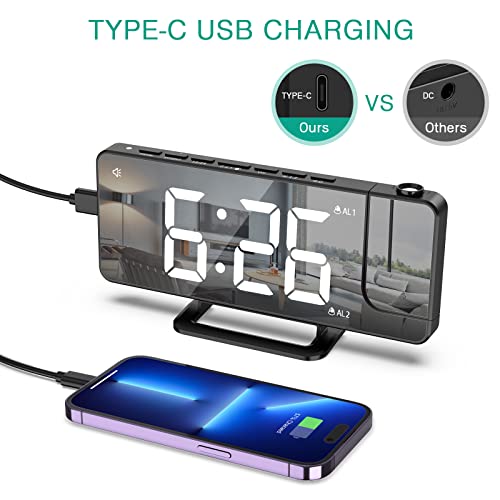 Oria Projection Alarm Clock For Bedroom, Digital Alarm Clock, 7.5'' Led Alarm Clock With 180° Rotatable Projector, Type-C Charging Port, Dual Alarm, Snooze, Adjustable Brightness, For Kids, Elderly #TOP4