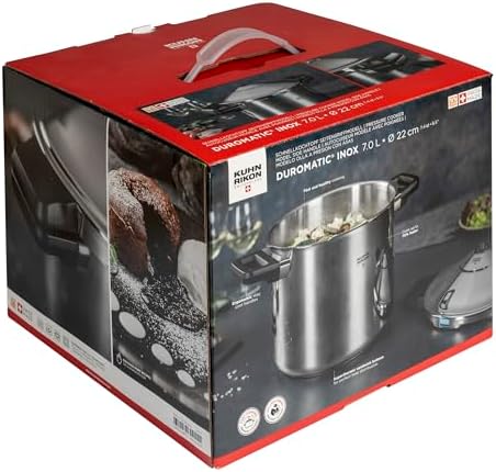 Kuhn Rikon DUROMATIC 7.0L Stovetop Pressure Cooker – 22cm, Swiss Made – 18/10 Stainless Steel, Energy Efficient, Safe Locking Lid, Works on Induction & All Stovetops, Includes Trivet & Cookbook - Thumbnail 5