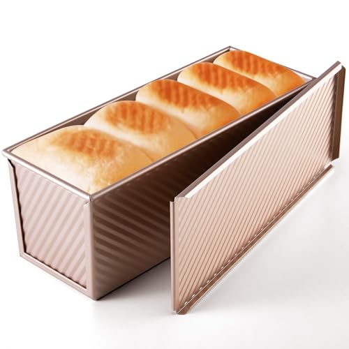 Image of KITESSENSU Pullman Loaf Pan with Lid, 2 lb Dough Capacity, Gold | Nonstick Carbon Steel Japanese Milk Bread Loaf Pan, Square Toast Mold for Sandwich Bread, Sourdough Loaves & Homemade Bread