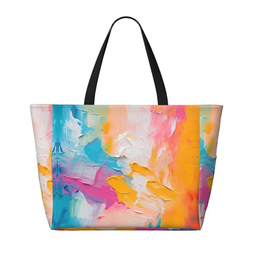 Abstract oil painting Large capacity beach bag with zipper, perfect for grocery bag pool gym travel shopping foldable beach travel bag,2