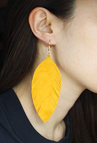 Large Genuine Soft Leather Handmade Fringe Feather Lightweight Tear Drop Dangle Color Earrings For Women Girls Fashion (Blue) #TOP3