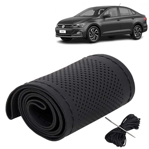 Image of KINGSWAY PU Leatherite Car Steering Cover Sewable Compatible with Volkswagen Virtus (Year 2022 Onwards), Black Color with Black Thread, Pack of 1 with Sewing Needle and Thread