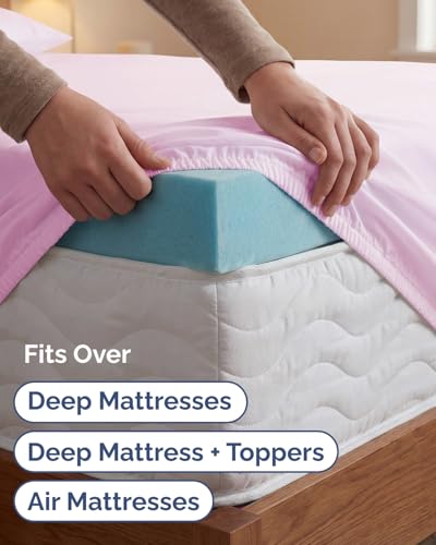 Image of Extra Deep Twin XL Sheet Set - 4 Piece Breathable & Cooling - Light Pink | Hotel Luxury Bed Sheets Set, Easy & Secure Fit, Ultra-Soft, Wrinkle & Fade Free, Comfy Sheets Set with Extra Deep Pockets