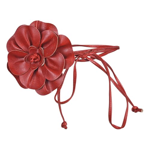 Women Girls Flower Waist Chain/Rope/Belt For Wedding Dress Female Waistband Skinny Belt Floral PU Leather Belt, Deep Red2