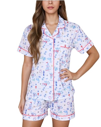 Image of Womens Y2k Preppy Pajamas Set, 2 Piece Button Down Monkey Beach Shorts Set Holiday Vacation Loungewear Pjs for Jammies Back to School Party Birthday Gifts(Boat, X-Small)