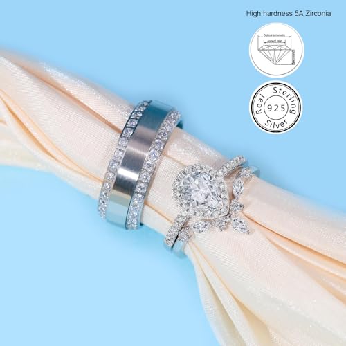 Luxury Couple Rings White Gold Plated 925 Sterling Silver Ring Pear 1CT AAAAA CZ Women Wedding Ring Sets Men Titanium Steel Ring4