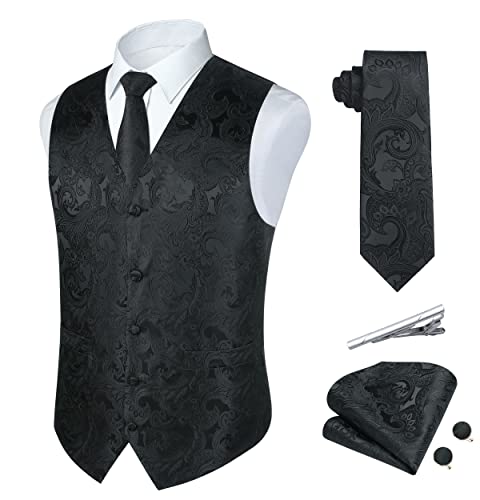 Paisley Vest and Tie Sets for Men Formal Floral Jacquard Suit Vests Ties Pocket Square Cufflinks 5PCS Tuxedo Waistcoat