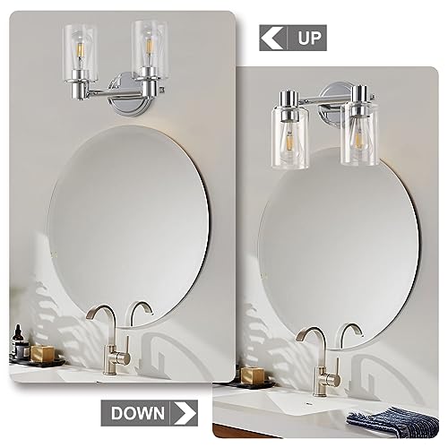 Image of 2 Light Bathroom Wall Sconce Light Fixtures with Clear Glass Bathroom Wall Lights Over Mirror Vanity Lights Chrome with E26 Base