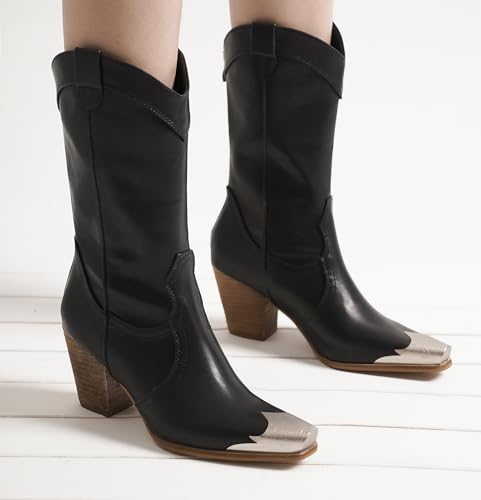Western Metal Toe Boots for Women Cowgirl Boots Mid Calf Boots Stacked Heel Back Zipper Boots Cowboy Boots4
