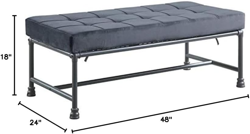 BOWERY HILL Contemporary Vanity Bench, Gray Velvet Upholstered Seat, Sandy Gray Metal Frame, Button Tufted, Pipe Design, 48" W x 24" D x 18" H, Industrial Style for Bedroom or Dressing Room