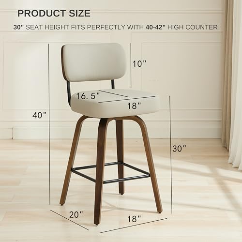 Image of Swivel Bar Stools Set of 2, 30 inch Upholstered Bar Height Stools with Back and Walnut Wood Legs, Faux Leather Barstools for Kitchen Counter, Beige Gray