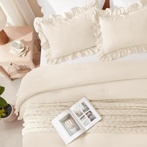 Image of Andency Beige Comforter Set Queen Size, 3 Pieces Shabby Chic Ruffle Bedding Comforter Sets for Queen Bed, Lightweight Fluffy Soft Microfiber Farmhouse Comforter Set