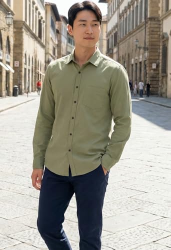 Image of Men's Long Sleeve Dress Shirt,Olive Green, Button Down, Chest Pocket, Casual Formal Wear