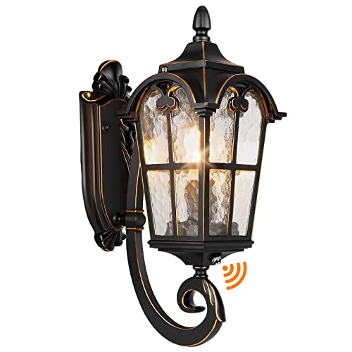 Black Roman Outdoor Light Fixture, 17.7"H Dusk To Dawn Outdoor Lighting Wall Light, Waterproof Outside Porch Light Wall Sconce, Exterior Wall Lantern Lamp With Water Glass For Garage Porch Doorway #TOP15