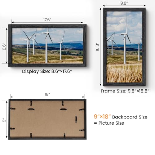 Image of 9x18 Picture Frame Oak Wood,9 inchx18 inchBlack Color Wooden Frames with Tempered Glass,18x9 inch Wall Gallery Poster Frame with No Mat,9 by 18 Frames Horizontal and Vertical for Wall Mounting