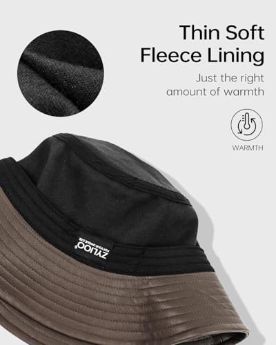 Image of Zylioo XXL PU Leather Bucket Hat for Big Heads, Large Waterproof Floppy Brim Travel Hat with Thin Fleece Lining Packable