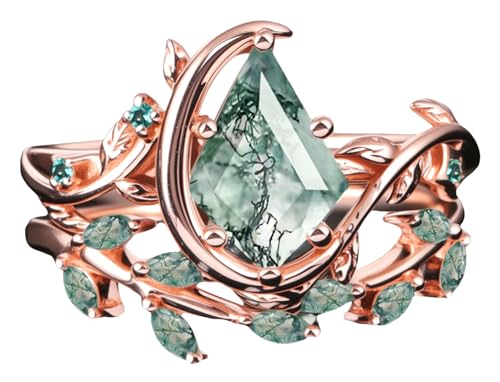 Genuine Green Moss Agate Ring Set For Women Moss Agate/Blue Sandstone/Alexandrite Unique Leaf Art Deco Kite Shaped Natural Moss Ring Bridal Ring Set Anniversary Wedding Gifts (Moss agate)3