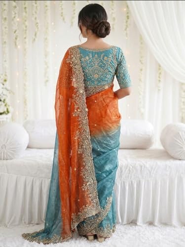 Image of SIRIL Women's Shimmer Chiffon Scalloped Border Sequins Embroidery Saree With Unstitched Blouse Piece