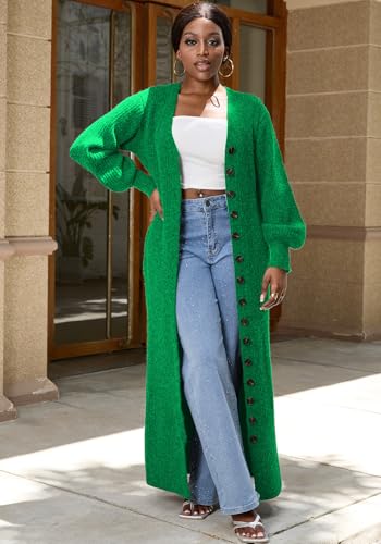 Womens Long Cardigans Sweaters Bell Sleeve Button Down Chunky Sweater Dress Open Front Knit Dusters Sweater Coat3