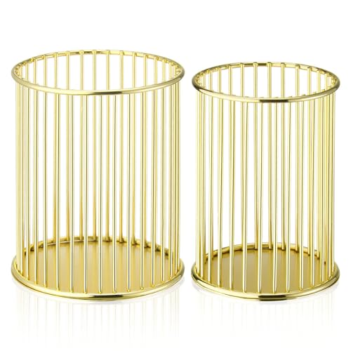 YAMAJA 2 Sets Metal Pen Holder for Desk, Makeup Brushes Cup Holder, Pencil Holders, Pen cup, Home and Office Organizer, Gold