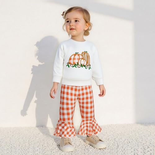 Baby Girl Halloween Outfit Long Sleeve Pumpkin Tops and Plaid Flared Pants Toddler Girl Fall Winter Clothes3