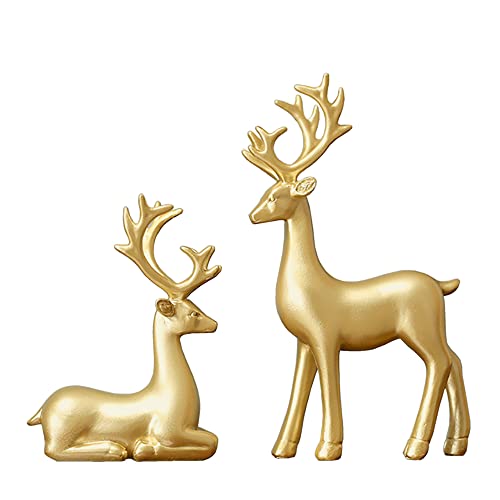 FANTESTICRYAN Kleine Rentier-Skulptur, Harz, Weihnachten, Rentier, Elch, 2 Stück, Weihnachtsdekoration, Statuen für Wohnzimmer, Schlafzimmer, Büro, Schreibtisch, Schränke (golden klein) Cover