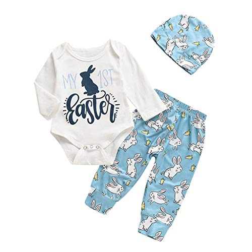 Lazzboy 3M-18M Baby Langarm-Shirt Cartoon Osterhase Outfits Strampler Hut Hose Set(Weiß,Höhe100)