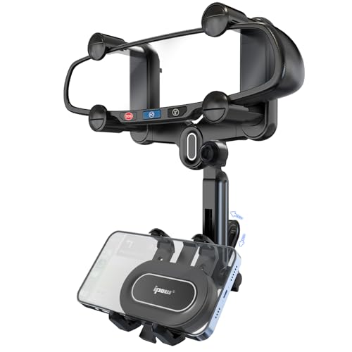 IPOW Large Rearview Mirror Phone Holder for Car 360°Rotatable and Retractable, 2024 Upgraded Four Corners Fixed Anti-Shake Multifunctional Design for Car Rearview Mirror with Button