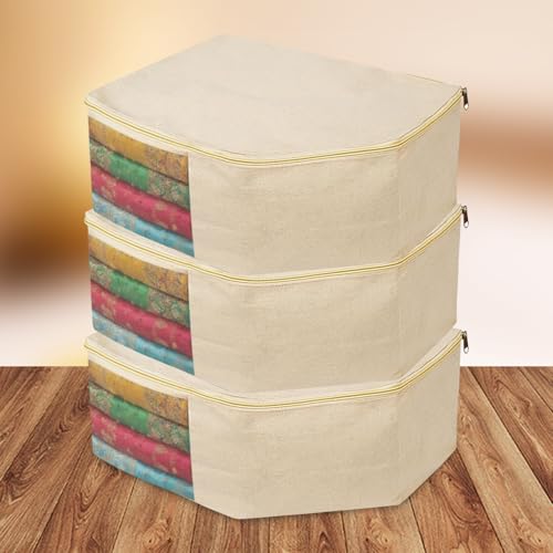 Image of SITTELLA Pack of 3 Cotton Canvas Saree & Blouse Covers with Zip | 17 x 14 x 7 Inch Clothes Storage Bags for Sarees, Dresses & Lehengas | Wardrobe Organizer