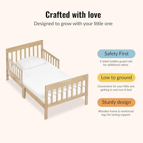 Image of Dream On Me Finn Toddler Bed, GREENGUARD Gold, Pinewood, Vintage White Oak | Low to Floor Bed, 2 Safety Guard Rails, Slatted Wooden Headboard & Footboard 50 Lb Limit, BSA Verified