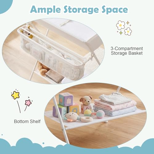 Image of Costzon Changing Table, Portable Baby Changing Table Foldable Diaper Changing Station with Safety Belt, Large Storage Rack & Shelf, Nursery Organizer for Newborn Infant (Beige)