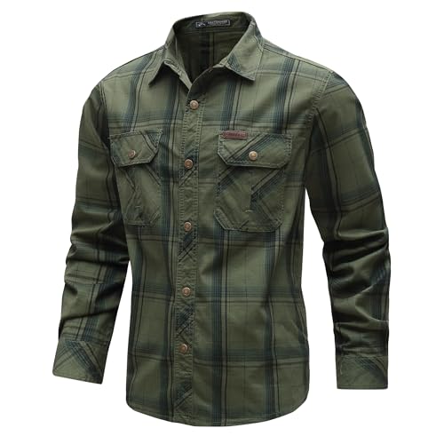 CoXuantion Chemise a Carreaux Homme Manches Longues Décontracté Bouton Chemise Col Rever Slim Fit Shirt et Poche Poitrine pour Usage Quotidien S,Vert