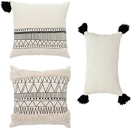 Cozi Abode Boho Geometric Decorative Throw Pillow Covers Set of 3 18 X 18” 12 X 20” for Bed/Sofa Tribal Tassels Tufted Modern Black and Ivory