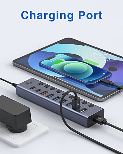 Powered Usb 3.1Hub, 10-Port Usb Data Hub Splitter With 3 Usb 3.1(10Gbps), 4 Usb 3.0, 3 Charging Ports, Individual On/Off Switches And 12V/5A Dc Power Adapter, Usb C Hub For Laptops And Computer #TOP5