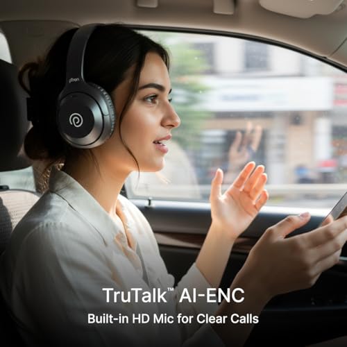 Image of pTron Studio Classic w / 75Hrs Playtime, Wireless Over Ear Headphones w /HD Mic, Dual Device Pairing, TruTalk AI-ENC Calls, Low-Latency Game & Music, Deep Bass, BT5.4 & Type-C Charging (Black)