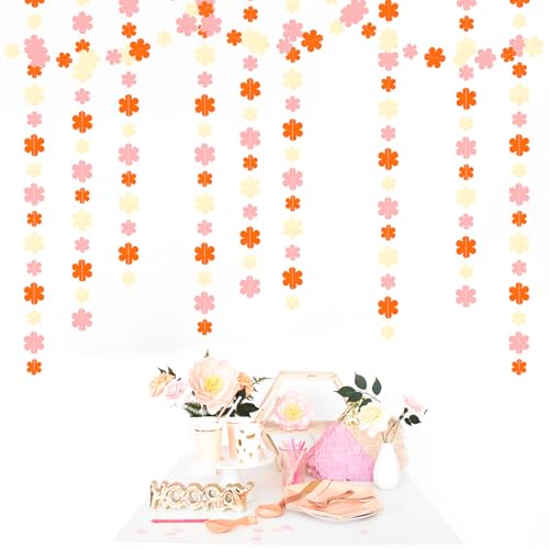 Image of Orange-Pink Fall Party-Decorations Streamers-Garland - 52ft Boho Flower Hanging Paper Banner, Groovy Birthday Baby Bridal Shower Bachelorette Wedding Engagement Thanksgiving Day HalloweenDecor Hugfond