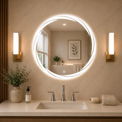Image of 24x24 Inch Round Glass Wall Mounted LED Mirror with Smart Touch Sensor & 3 Color Lights (Warm, Cool, Natural) for Bathroom, Washbasin & Vanity (Spiral Round)